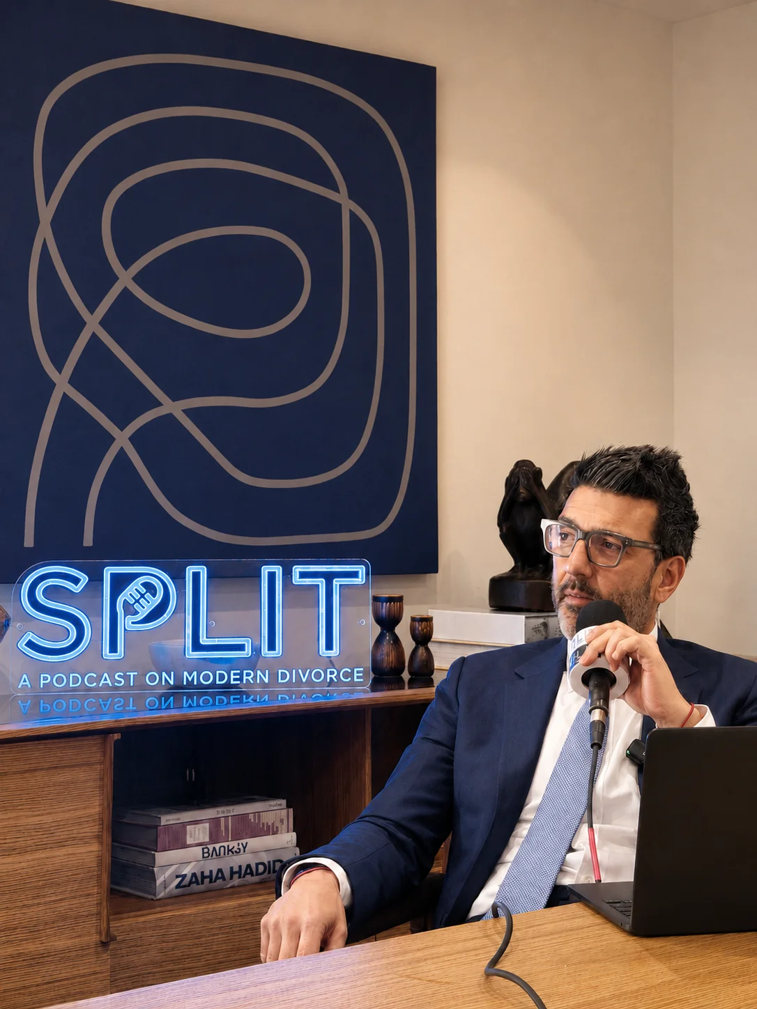 Gus Dimopoulos recording Split, a podcast on modern divorce